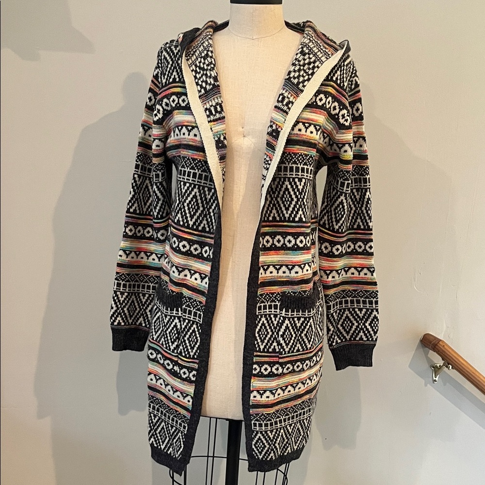 Colorful fair isle Knit sweater coat duster boho M